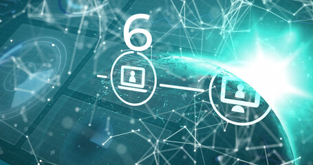 Illustration of 6 number with flowchart, dots connected with lines and globe over lens flare
