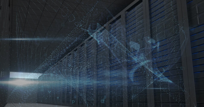 Composite of illuminated connected low over low angle view of server racks in data center room