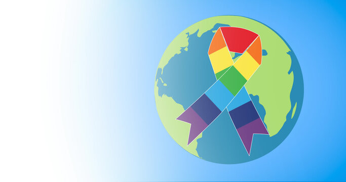 Illustration of colorful awareness ribbon over globe against blue background, copy space