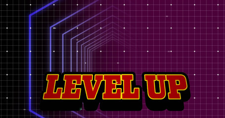 Illustration of level up text with illuminated hexagon shape over dots and grid pattern