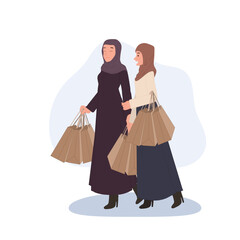 Obraz premium 2 Arabs Women Shopping together. Muslim woman frineds go to shopping with shopping bag in hands. Vector illustration