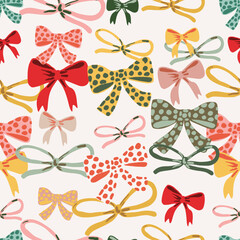 Obraz na płótnie Canvas Hand drawn decorative color bows seamless pattern. Bow page decoration, packaging, invitation elements, Christmas, Valentine, birthday, holiday gift wrapping elements