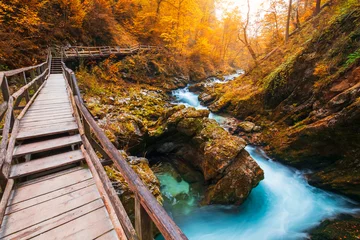 Berühmte Vintgar-Schlucht, beliebt in der Nähe des Bleder Sees in Herbstfarben bei Sonnenuntergang, Julische Alpen, Triglav-Nationalpark © rolandbarat