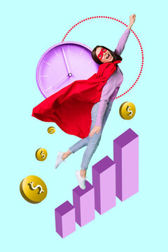 Collage artwork graphics picture of funny funky lady wear red cape ready earning money isolated painting background