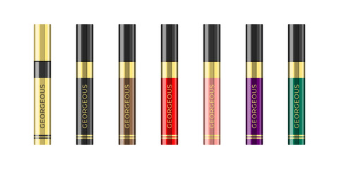 Colorful mascara bottles. Cartoon illustration of seven closed tubes isolated on a white background. Makeup for eyes. Vector 10 EPS.
