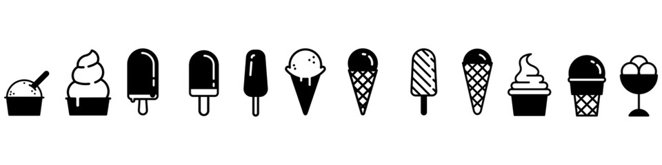 Ice cream vector icons set. Waffle cone illustration sign collection. Ice lolly symbol. Frozen juice logo.