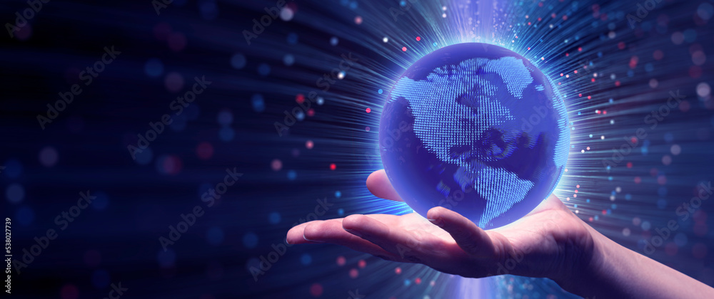 Poster Communication, business and technology concept. Woman hold model Earth binary  in hand. Communication and technology concept. Business networking with customer, science, innovation. 
