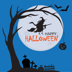 Halloween card. Witch flying on a broom above a graveyard