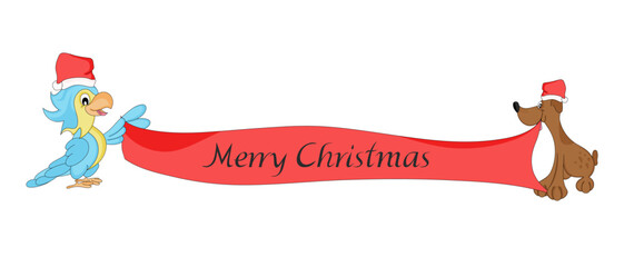 Fototapeta premium Christmas gift card with Merry Christmas wishes with animals. Dog and parrot hold banner with inscription Merry Christmas. Print.
