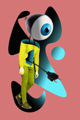 Collage artwork graphics picture of strange man eyeball instead of head looking for charging...