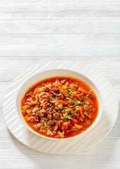 Hamburger Soup with barley and vegetables in bowl