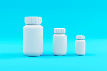 Rendering three blank white plastic jars of different sizes. 3d illustration