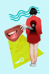 Collage 3d image of pinup pop retro sketch of arm hand holding happy face growing lady back keyhole...