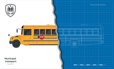 Isolated school bus drawing. 3d outline blueprint of municipal transport. Top, side, front vehicle view. Academy orange lorry. Industrial clipart © shaineast