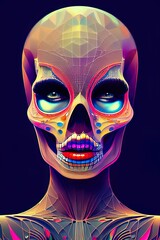  Illustration of a beautiful android girl in the image of Day of the Dead