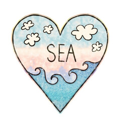 Illustration of a heart with the word sea, clouds and waves, vintage, white background