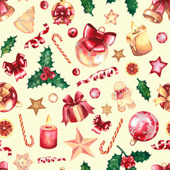 Christmas seamless pattern. Watercolor illustration. For textiles, packaging and labels. For design backgrounds