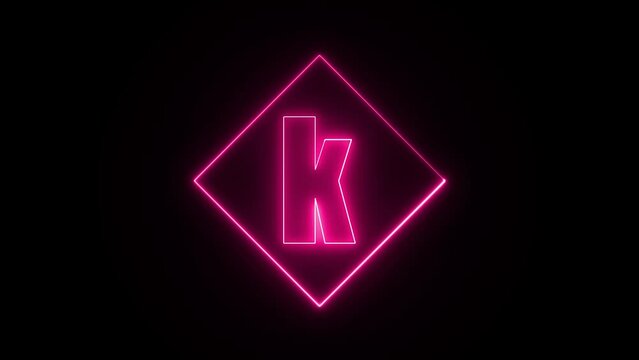 Neon effect on letter k with a squire stroke shape, neon color shape, neon on squire shape 4k animation video