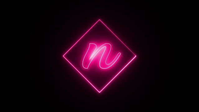 Neon effect on letter n with a squire stroke shape, neon color shape, neon on squire shape 4k animation video