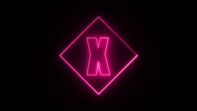 Neon effect on letter x with a squire stroke shape, neon color shape, neon on squire shape 4k animation video