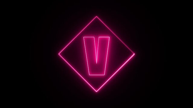 Neon effect on letter v with a squire stroke shape, neon color shape, neon on squire shape 4k animation video