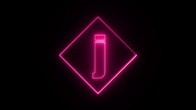 Neon effect on letter j with a squire stroke shape, neon color shape, neon on squire shape 4k animation video