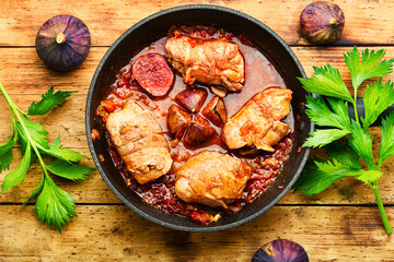Appetizing meat fried with figs