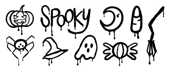 Set of graffiti spray pattern. Collection of halloween symbols, spooky, pumpkin, candy, bat, ghost with spray texture. Elements on white background for banner, decoration, street art, halloween.
