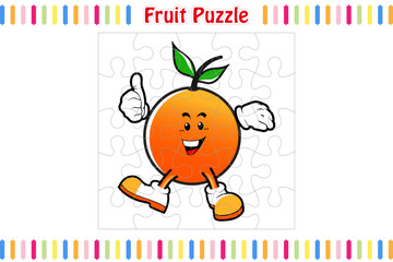 Fruit Puzzle Game for kids, jigsaw pieces color worksheet activity page, isolated vector illustration, Mascot cartoon style