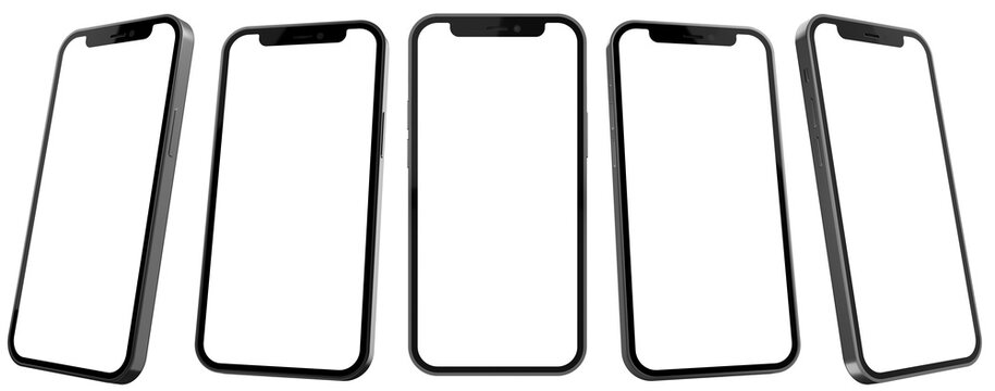 Smartphone mockup similar to iphone 12 isolated with transparent screen png in different viewing angles
