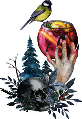 Watercolor Witchy Winter composition with hot spicy mulled wine and black skull
