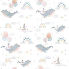 Beautiful vector children seamless pattern contain cute watercolor flying whales with air balloons lighthouses clouds and rainbows. Stock illustration. - 538030334