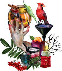 Watercolor Witchy Winter composition with hot spicy drinks and redbird