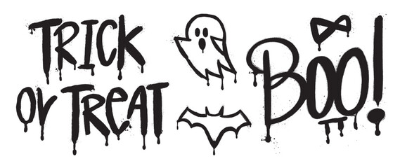 Set of graffiti spray pattern. Collection of halloween quote, phrase, trick or treat, boo, ghost with spray texture. Elements on white background for banner, decoration, street art, halloween.