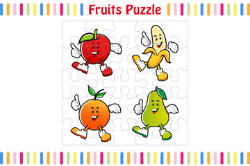 Fruit Puzzle Game for kids, jigsaw pieces color worksheet activity page, isolated vector illustration, Mascot cartoon style