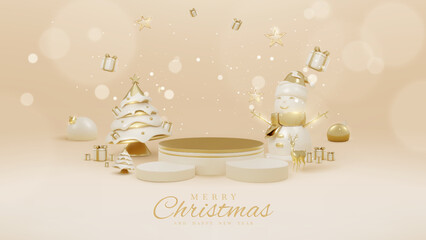 Product display podium with 3d realistic christmas ornaments and sparkling light effect with bokeh decorations and snow. Vector illustration.