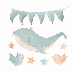 Beautiful vector children set contain cute watercolor whale with birds stars and flags clip art. Stock illustration. © zenina