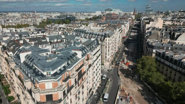 Boulevard Gouvion-Saint-Cyr and urbanscape, Paris in France. Aerial forward