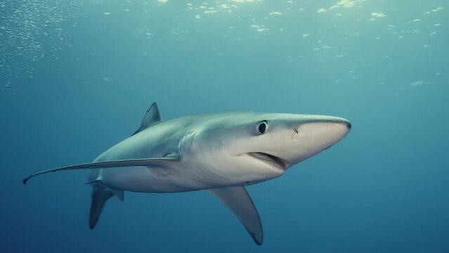 Blue Shark swimming in the blue water in the Atlantic ocean in 4k slow motion