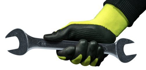 Manual worker with green and black protective work glove holding a stainless steel wrench or spanner, isolated on white or transparent background. Photography, png.