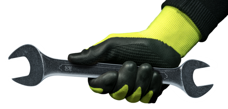 Manual worker with green and black protective work glove holding a stainless steel wrench or spanner, isolated on white or transparent background. Photography, png.