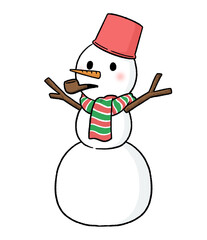 マフラーとバケツをかぶり、パイプタバコをくわえる三段重ねの雪だるま