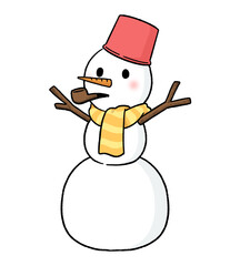 マフラーとバケツをかぶり、パイプタバコをくわえる三段重ねの雪だるま