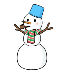 マフラーとバケツをかぶり、パイプタバコをくわえる三段重ねの雪だるま