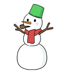 マフラーとバケツをかぶり、パイプタバコをくわえる三段重ねの雪だるま