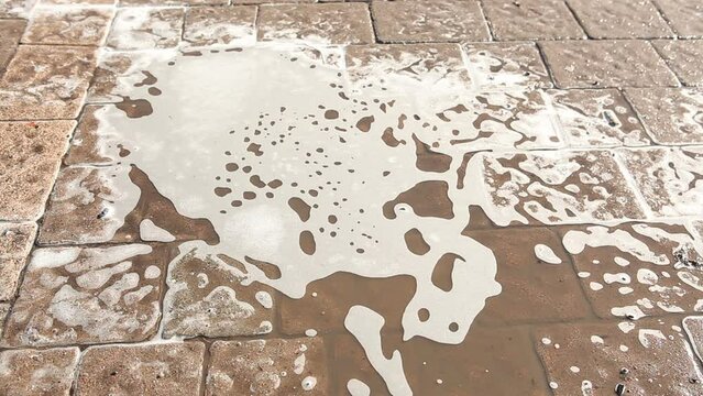 A puddle of soapy dirty water on paving slabs.