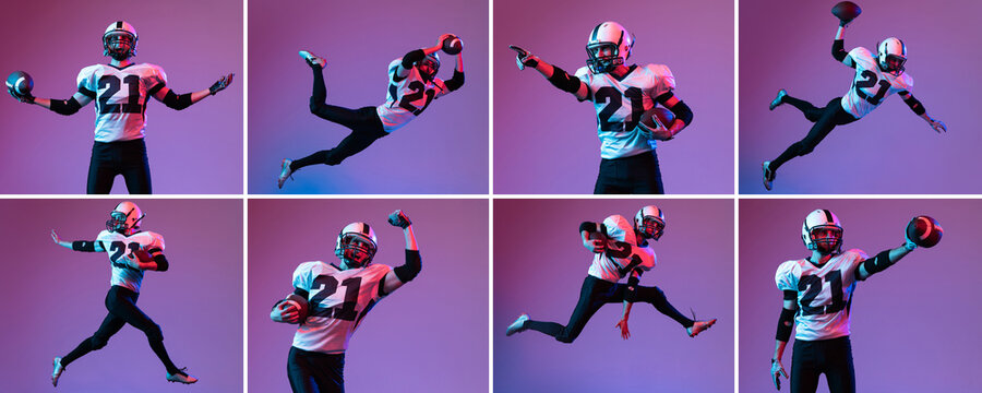 Collage. Portrait of professional american football player in motion, training isolated over purple background neon light.