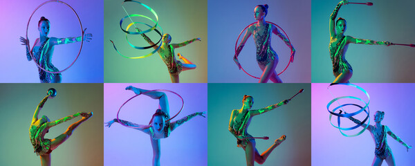 Collage. Portrait of young, muscular girl, female rhytmic gymnast training isolated over multicolored studio background in neon light