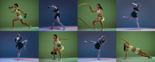 Collage. Two sportive young women's training, athletic female MMA fighter and fitness trainer...