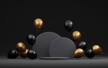 Round black podium is decorated with gold and black balloons. on an abstract black background